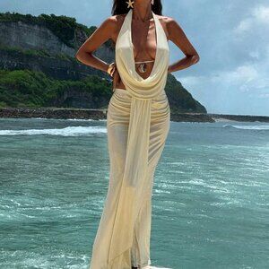 Apricot Sexy Women's Solid Knit Plunge Neck Backless Top & Fishtail Skirt Set